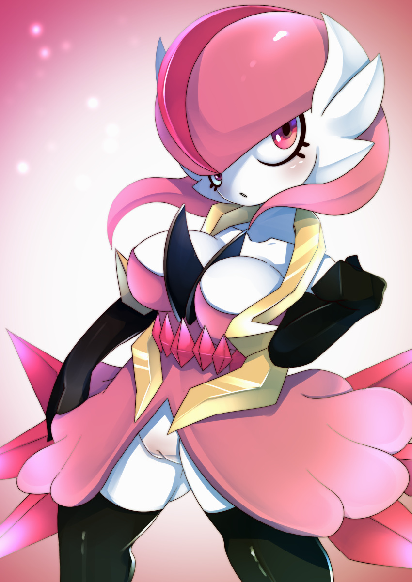 1girl absurdres ashraely ass_visible_through_thighs bare_shoulders black_gloves black_legwear blush breasts collarbone commentary commission crystal diancie dress elbow_gloves english_commentary fusion gardevoir gen_3_pokemon gen_6_pokemon gloves gradient gradient_background hand_up highres large_breasts legendary_pokemon legs_apart looking_to_the_side medium_hair multicolored_hair mythical_pokemon no_panties open_mouth pink_background pink_dress pink_eyes pink_hair pokemon pokemon_(creature) pussy shiny shiny_clothes shiny_hair simple_background solo standing thighhighs two-tone_hair uncensored white_skin