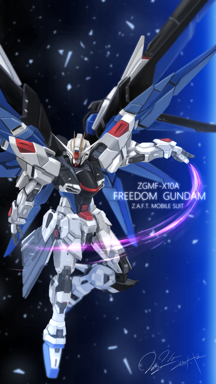 beam_saber character_name floating freedom_gundam gundam gundam_seed highres holding holding_sword holding_weapon looking_down mecha mechanical_wings no_humans serike_w solo sword v-fin weapon wings