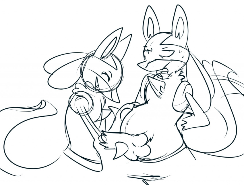 annoyed anthro belly belly_rub belly_rubs black_and_white duo ears_up eyes_closed female hand_on_stomach hands_behind_back hands_on_belly happy lucario mageil male male/female male_pregnancy monochrome nintendo pok&eacute;mon pok&eacute;mon_(species) pregnant sketch smile tailwag video_games