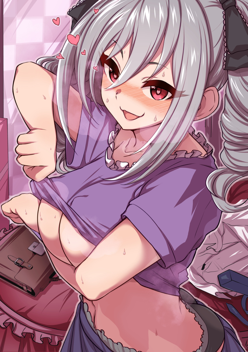 1girl :d absurdres blush breasts cleavage commentary_request drill_hair grey_hair hair_between_eyes heart heart-shaped_pupils highres idolmaster idolmaster_cinderella_girls kanzaki_ranko long_hair looking_at_viewer love_hotel morino_shoutarou open_mouth red_eyes smile solo sweat symbol-shaped_pupils twin_drills