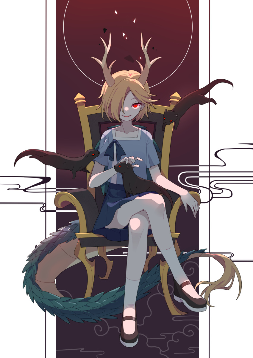 1girl absurdres animal_on_lap antlers black_footwear blonde_hair blue_shirt blue_skirt bow chair collarbone commentary_request crossed_legs dragon_girl dragon_tail flat_chest full_body gla highres kicchou_yachie looking_at_viewer mary_janes open_mouth otter petting pleated_skirt red_eyes shirt shoes short_hair sitting skirt smile socks tail touhou white_legwear