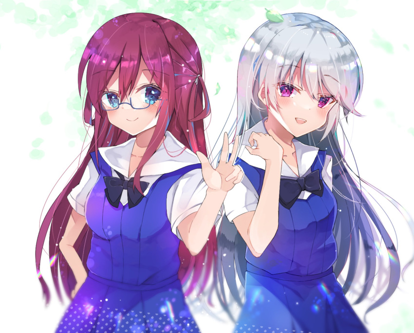 2girls black_bow blue_eyes bow bowtie dress glasses grisaia_(series) grisaia_no_kajitsu highres kazami_kazuki leaf long_hair looking_at_viewer multiple_girls nanakusa_miya purple_eyes red_hair school_uniform sidelocks silver_hair smile suou_amane w