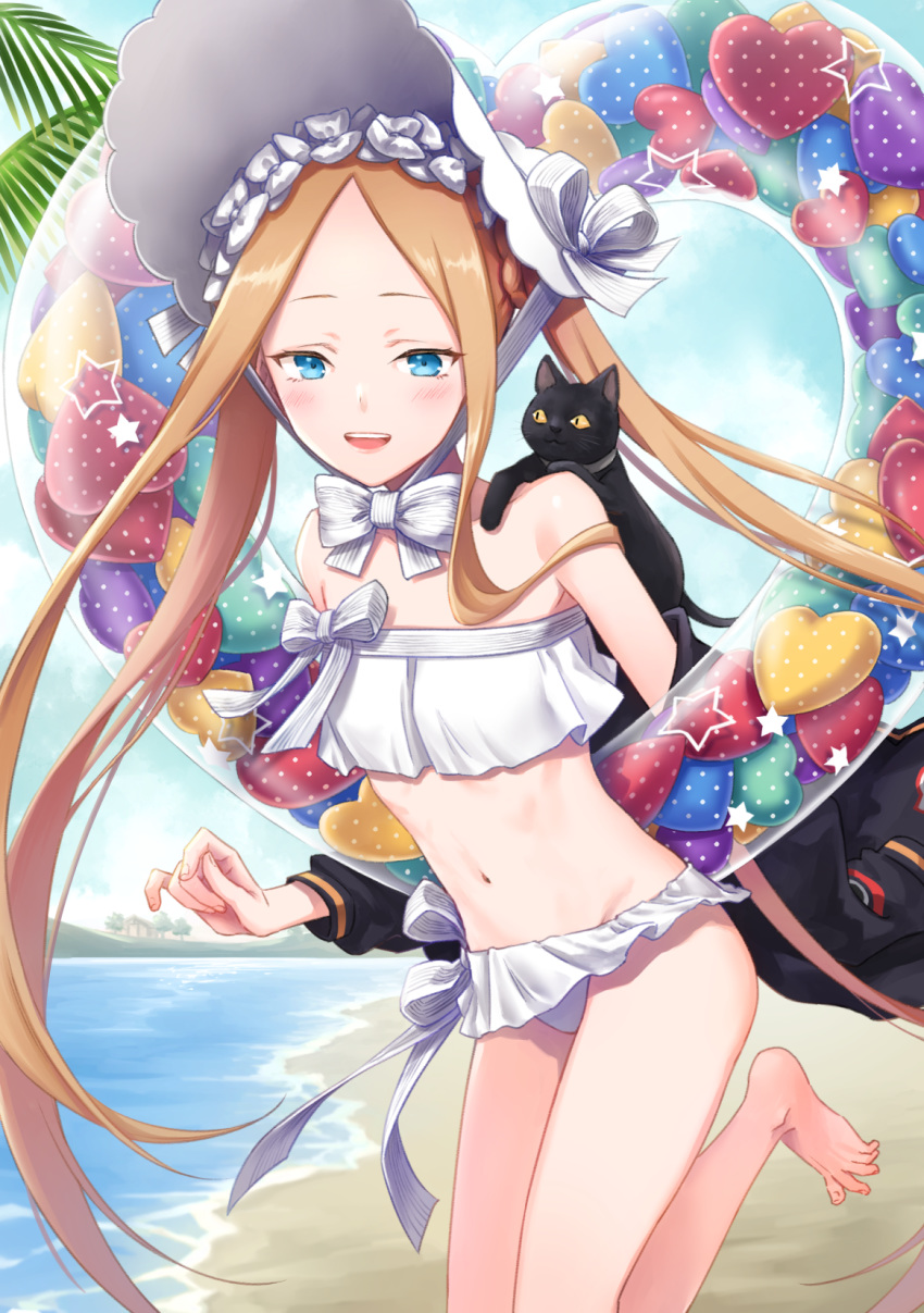 1girl abigail_williams_(fate/grand_order) abigail_williams_(swimsuit_foreigner)_(fate) bangs bare_shoulders beach bikini black_cat black_jacket blonde_hair blue_eyes blue_sky blush bonnet bow braid breasts cat fate/grand_order fate_(series) forehead hair_bow hair_rings highres innertube jacket long_hair looking_at_viewer miniskirt navel off_shoulder open_mouth parted_bangs rainsp shore sidelocks skirt sky small_breasts smile swimsuit twin_braids twintails very_long_hair white_bikini white_bow white_headwear