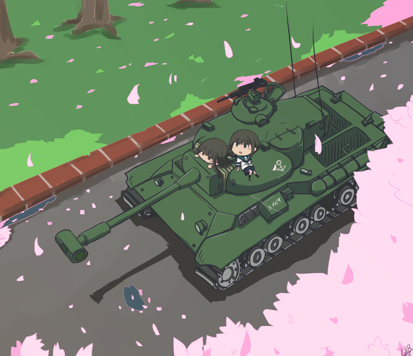 2girls absurdres anchor_symbol artist_request black_eyes black_hair black_legwear brown_eyes caterpillar_tracks cherry_blossoms chibi commentary_request day dress fubuki_(kantai_collection) grass ground_vehicle gun hatsuyuki_(kantai_collection) highres kantai_collection long_hair machine_gun military military_vehicle motor_vehicle multiple_girls open_mouth road sailor_collar sailor_dress sailor_shirt shirt short_hair skirt tank translation_request tree type_61_(tank) weapon