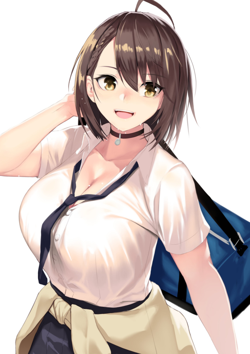 1girl absurdres ahoge azur_lane bag baltimore_(after-school_ace)_(azur_lane) beige_cardigan beige_sweater black_choker black_neckwear breasts cardigan cardigan_around_waist choker cleavage clothes_around_waist collared_shirt gen_(black_factory) highres large_breasts loose_necktie necktie school_bag shirt sweater sweater_around_waist tied_sweater white_shirt