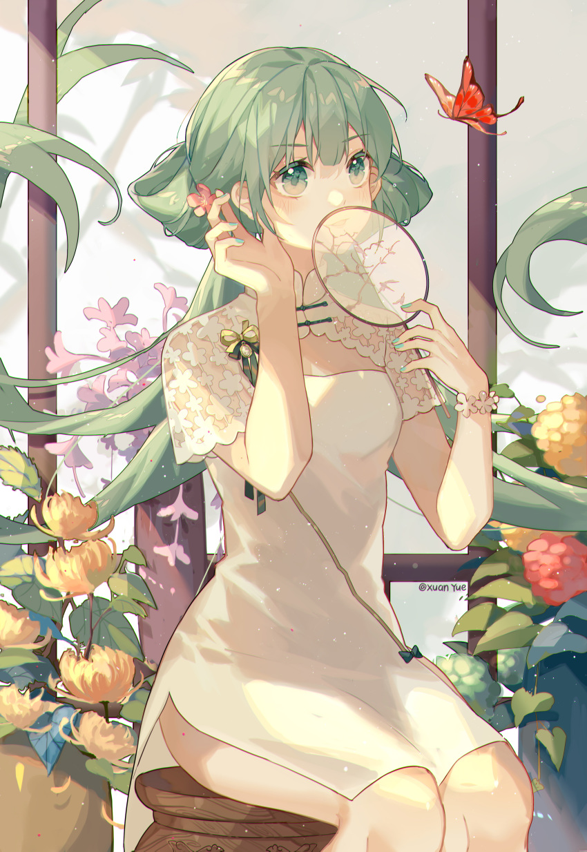 1girl absurdres aqua_nails bug butterfly china_dress chinese_clothes dress fan flower green_eyes green_hair hatsune_miku highres insect long_hair paper_fan shaohua_hatsune_miku sitting solo very_long_hair vocaloid white_dress xuanli