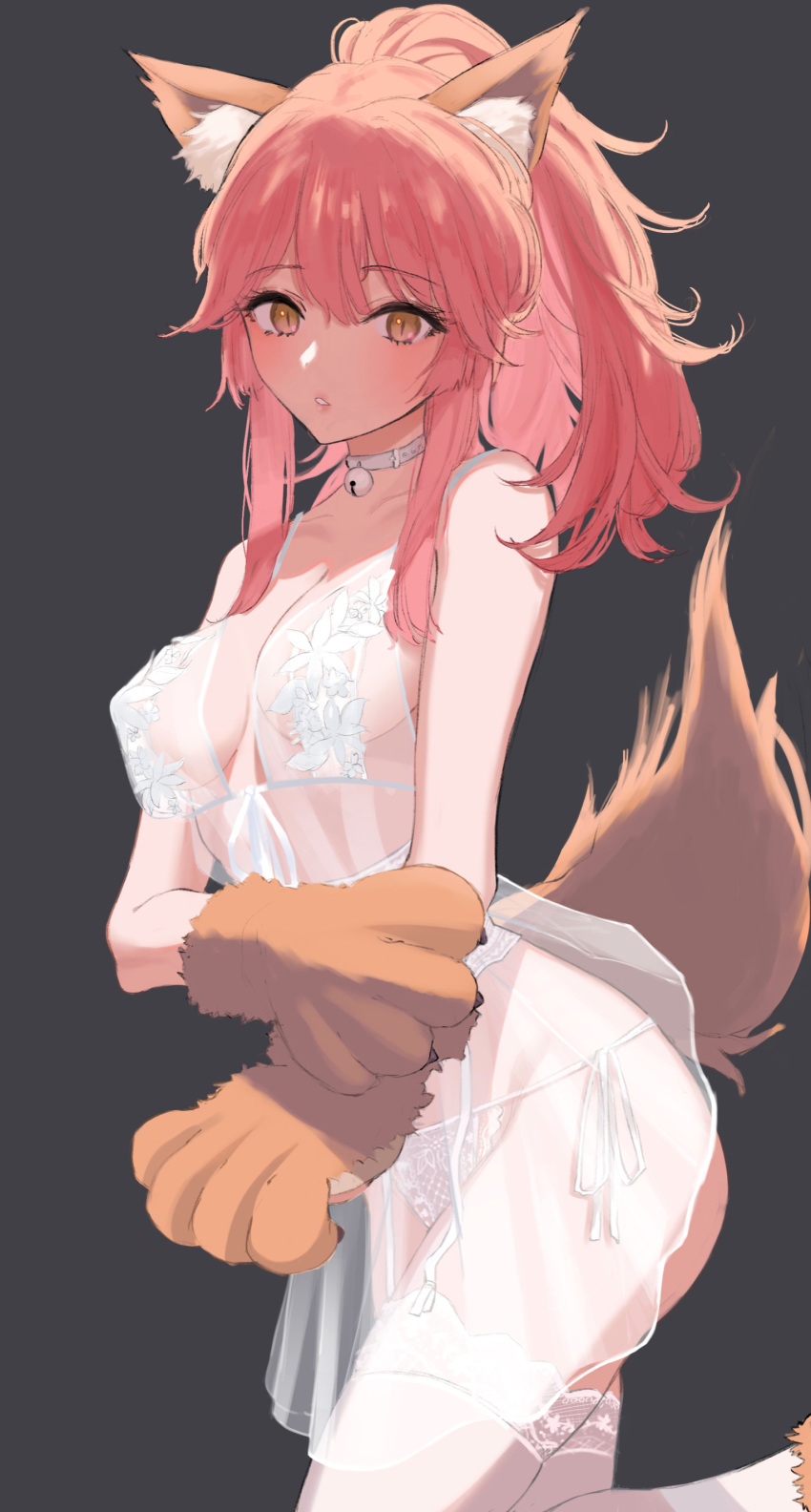 1girl absurdres animal_ear_fluff animal_ears areolae babydoll bangs bare_arms bare_shoulders bell bell_collar black_background blush breasts breasts_apart brown_eyes collar collarbone commentary eyebrows_visible_through_hair eyelashes fate/extra fate/grand_order fate_(series) foot_up fox_ears fox_girl fox_tail from_side garter_belt gloves groin highres lace-trimmed_babydoll lace-trimmed_garter_belt lace-trimmed_legwear lace-trimmed_panties lace_trim lingerie long_hair looking_at_viewer medium_breasts midriff_peek negligee nightgown no_bra panties parted_lips paw_gloves paw_shoes paws pink_hair ponytail see-through shiny shiny_hair shoes side-tie_panties sidelocks simple_background slit_pupils solo spaghetti_strap standing standing_on_one_leg sutochan tail tamamo_(fate)_(all) tamamo_cat_(fate) thighhighs underwear white_babydoll white_collar white_garter_belt white_legwear white_panties