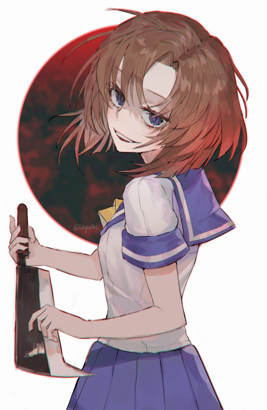 1girl bangs blue_eyes brown_hair cowboy_shot eyebrows_visible_through_hair hatchet highres higurashi_no_naku_koro_ni leyu looking_at_viewer nose_hatchet ryuuguu_rena school_uniform serafuku short_hair slit_pupils solo white_background