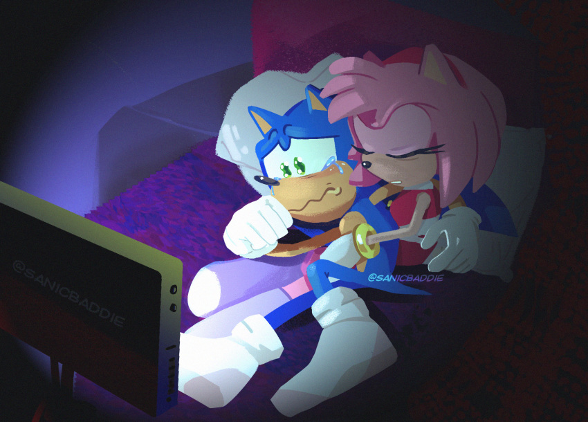 2020 amy_rose anthro bed blue_body blue_fur bodily_fluids bracelet clothing crying digital_media_(artwork) duo embrace eulipotyphlan eyes_closed female footwear fur furniture gloves green_eyes handwear hedgehog hi_res jewelry lying male male/female mammal pillow pink_body pink_fur sad sanicbaddie socks sonic_the_hedgehog sonic_the_hedgehog_(series) tears television watching_movie watermark