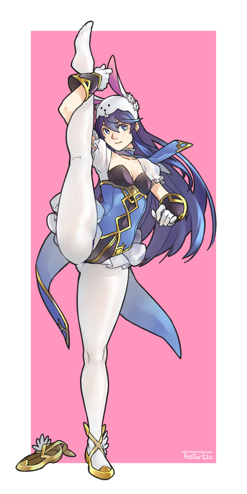 1girl absurdres alternate_costume animal_ears animal_hood ass_visible_through_thighs blue_eyes blue_hair breasts bunny_ears bunny_hood cleavage fire_emblem fire_emblem_awakening fire_emblem_heroes footwear_removed frilled_leotard frills gloves highres hood leg_lift leg_up leotard long_hair lucina_(fire_emblem) pantyhose shoes single_shoe smile solo split standing standing_on_one_leg standing_split thefarelo white_legwear