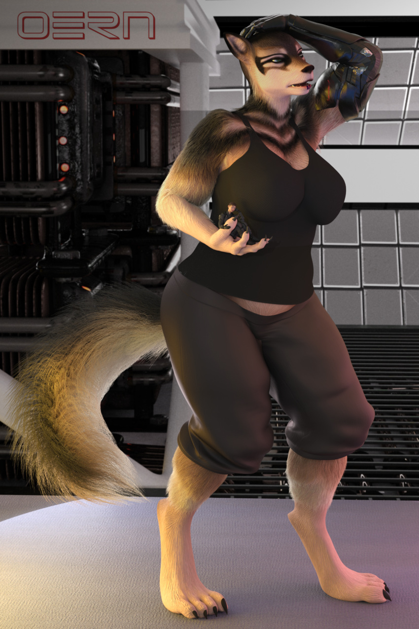 2:3 3d_(artwork) alith'ne anthro armor black_body black_claws black_clothing black_fur breasts brown_body brown_fur claws clothing digital_media_(artwork) duo female fur gentle_giant grey_clothing hand_on_head hi_res holding_character human macro male male/female mammal micro micro_in_hand oern size_difference uto_verse white_body white_fur