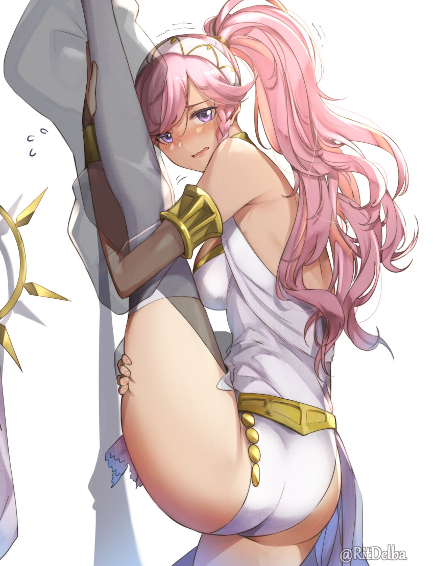 1girl absurdres armlet ass back blush breasts dancer embarrassed fire_emblem fire_emblem_awakening fire_emblem_heroes flexible hairband highres jewelry leg_grab leg_lift leg_up leotard looking_at_viewer medium_breasts nose_blush olivia_(fire_emblem) pink_hair ponytail purple_eyes ritence simple_background solo split standing standing_on_one_leg standing_split stretch sweat thighs wavy_mouth white_background white_leotard