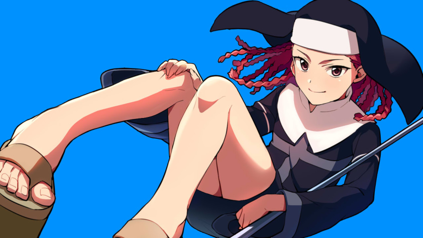 1girl agnese_sanctis blue_background braid brown_eyes closed_mouth commentary_request floating_hair habit light_smile long_hair looking_at_viewer nun red_hair robe sandals sayshownen simple_background solo to_aru_majutsu_no_index toes