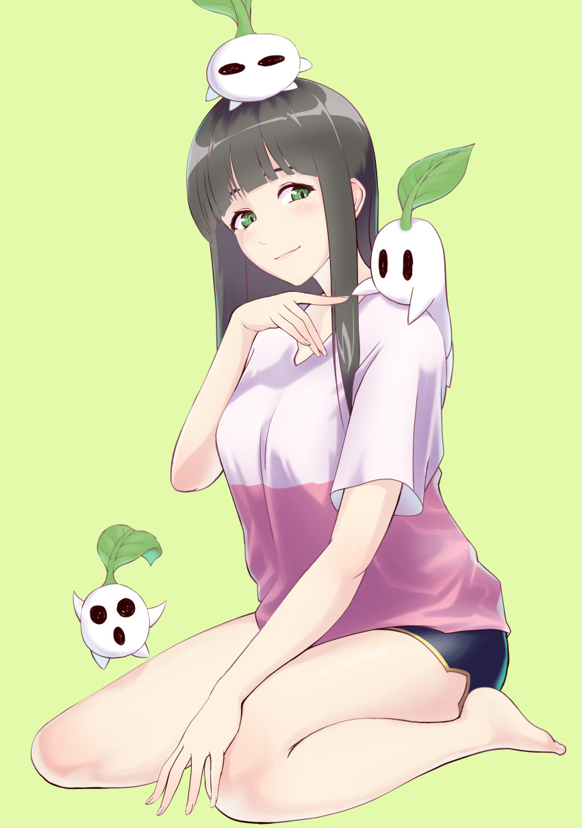 1girl absurdres bangs barefoot black_hair black_shorts blunt_bangs cereal_(cerealoekaki) flying_witch full_body green_background green_eyes highres kowata_makoto long_hair mandrake on_head on_shoulder shirt short_shorts shorts simple_background sitting solo t-shirt