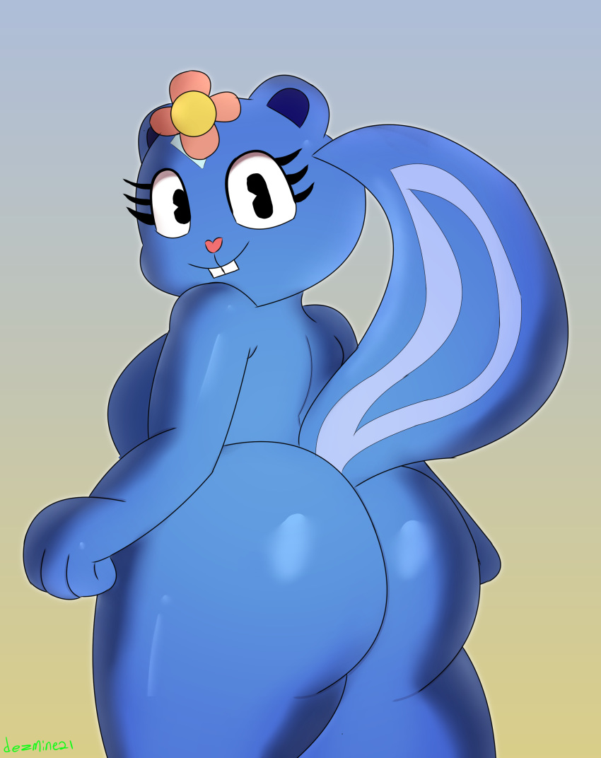 &lt;3 absurd_res accessory anthro blue_body blue_fur breasts butt dezmine21 female flower flower_in_hair fur hair hair_accessory happy_tree_friends heart_nose hi_res looking_at_viewer mammal mephitid petunia_(htf) plant short_stack side_boob skunk smile smiling_at_viewer solo