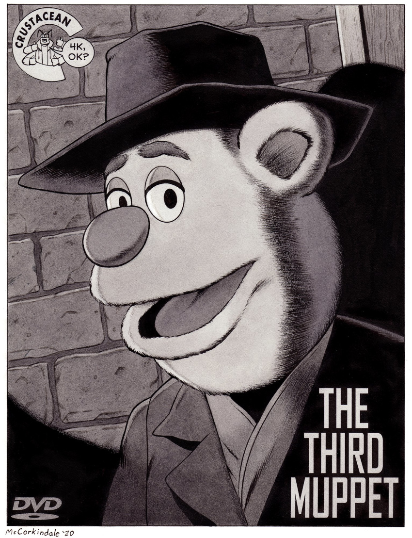 2020 anthro big_nose black_and_white border bruce_mccorkindale clothing cover crossover duo dvd_cover english_text film_noir fozzie_bear greyscale harry_lime hat headgear headwear hi_res longcoat looking_at_viewer male mammal monochrome movie_poster muppets muppets_tonight parody pep&eacute;_the_king_prawn prawn signature speech_bubble text the_muppet_show the_third_man ursid white_border