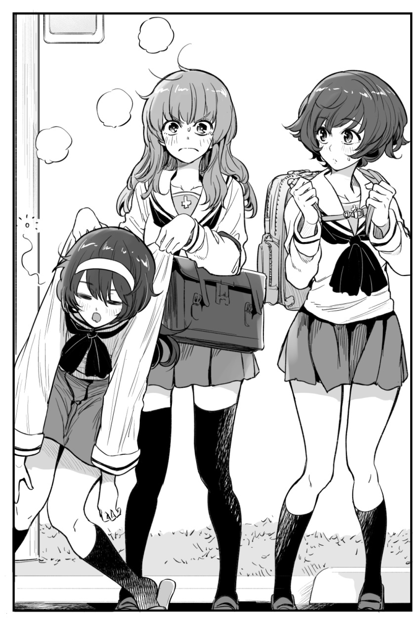 3girls akiyama_yukari backpack bag bangs black_neckwear blouse blunt_bangs blush bonkara_(sokuseki_maou) border carrying closed_eyes eyebrows_visible_through_hair girls_und_panzer greyscale hairband highres holding_person loafers long_hair long_sleeves looking_at_another looking_at_viewer messy_hair miniskirt monochrome multiple_girls neckerchief ooarai_school_uniform open_mouth pleated_skirt reizei_mako sandals school_briefcase school_uniform serafuku shoes short_hair skirt sleepy socks standing sweatdrop takebe_saori thighhighs v-shaped_eyebrows