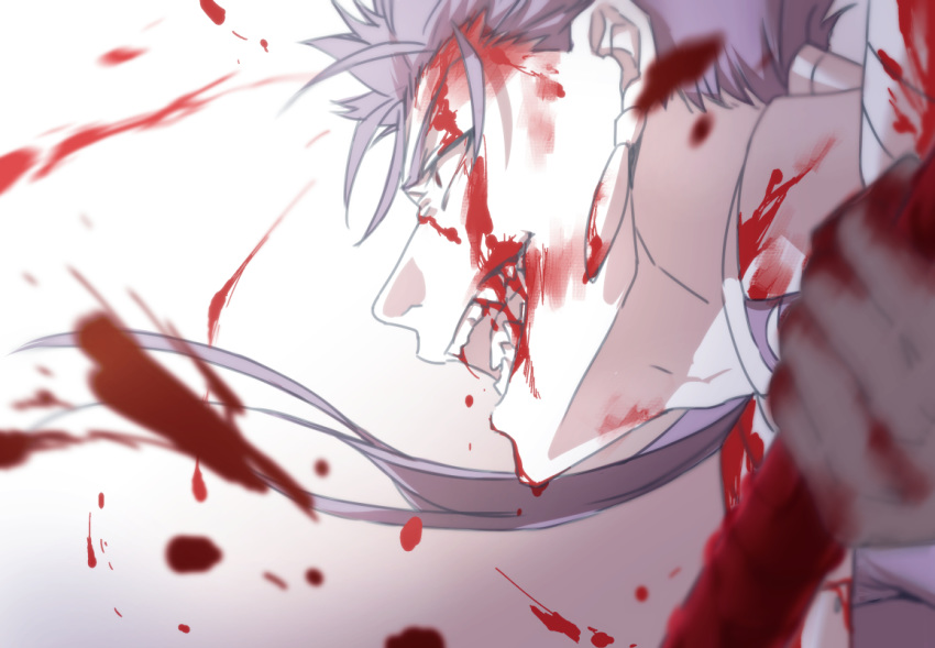 1boy blood blood_on_face blood_splatter blue_hair cu_chulainn_(fate)_(all) earrings fang fate/stay_night fate_(series) from_side gae_bolg guro holding holding_weapon jewelry lancer long_hair male_focus namo open_mouth polearm ponytail red_eyes smile solo spear type-moon weapon