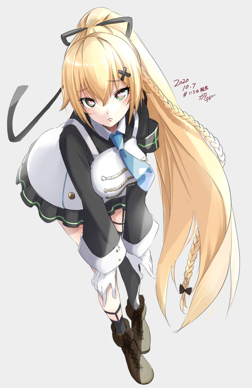 .live 1girl :&lt; absurdres alternate_costume alternate_hairstyle bending blonde_hair commentary_request dated gashitani gloves green_eyes hair_ornament hairclip highres kongou_iroha long_hair ponytail signature simple_background single_thighhigh solo thighhighs virtual_youtuber white_background white_gloves