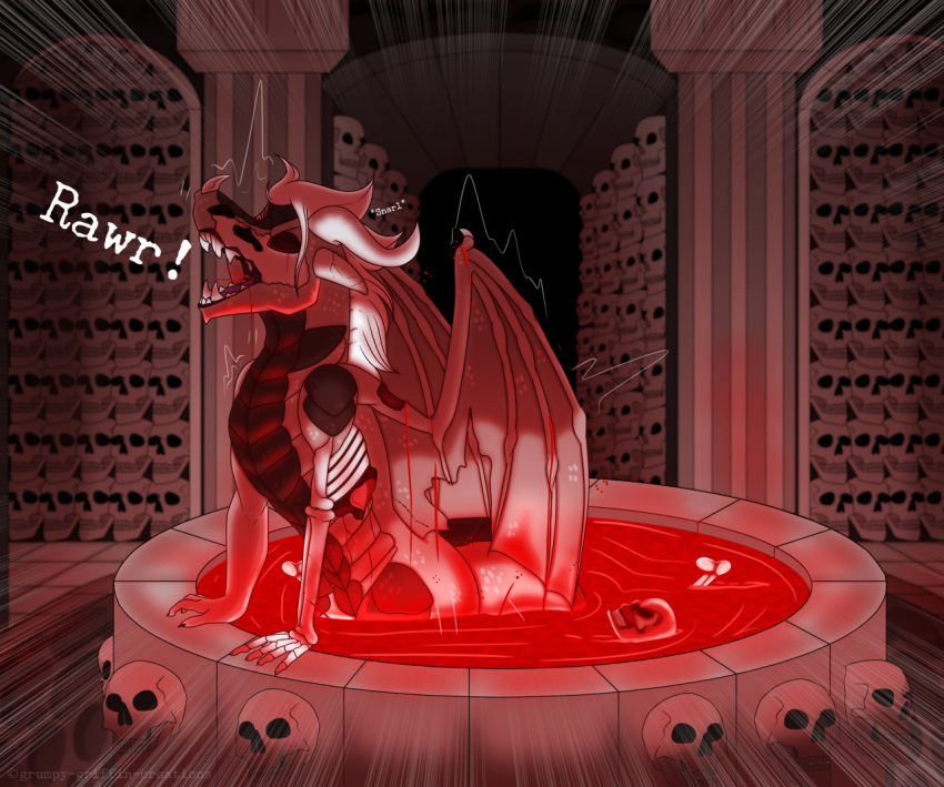 2020 animated_skeleton anthro bariof blood bodily_fluids bone catacombs claws detailed_background digital_media_(artwork) disembodied_head dragon english_text gore grey_background grumpy_griffin_creations hair horn male nude open_mouth rawr simple_background skeleton skull solo teeth text undead wings