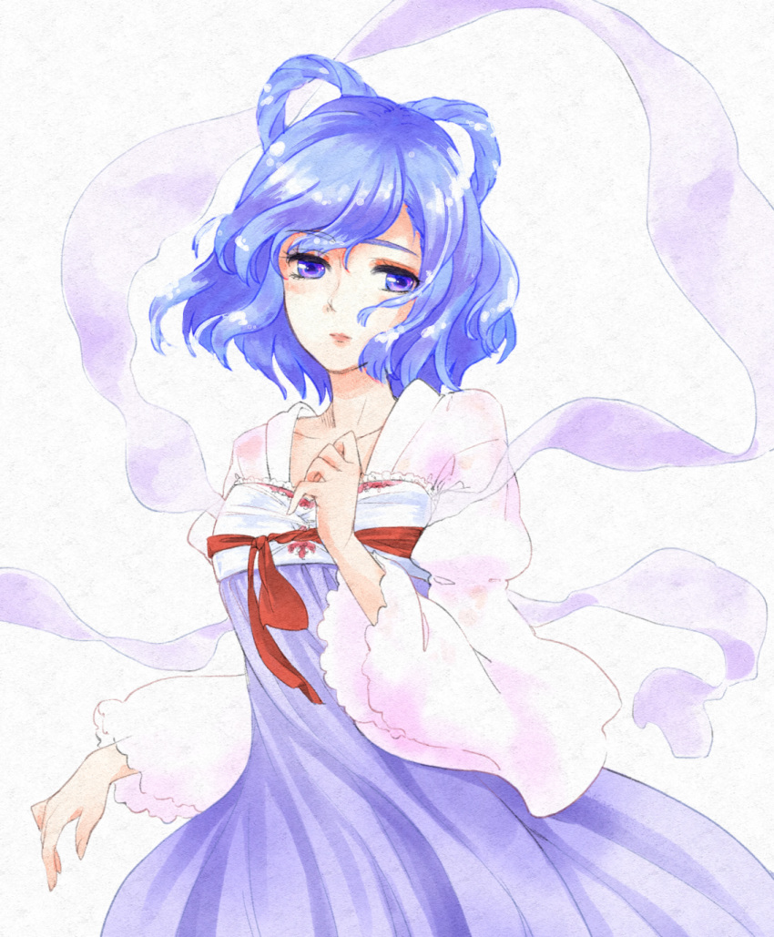 1girl bangs blue_eyes blue_hair closed_mouth collarbone dress eyebrows_visible_through_hair hair_rings hand_on_own_chest highres kaku_seiga lips long_sleeves looking_at_viewer mayoln medium_hair purple_dress solo touhou wavy_hair wide_sleeves