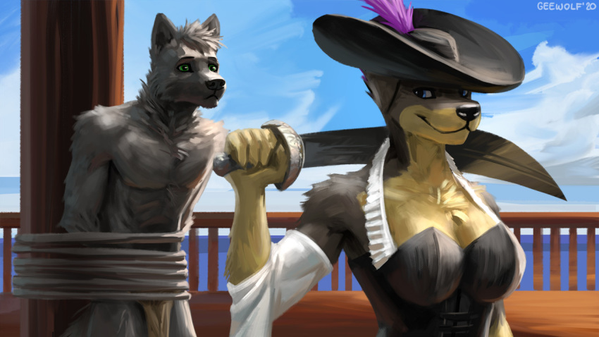 16:9 2020 anthro black_body black_fur bound breasts brown_body brown_fur canid canine canis cleavage clothed clothing corset cutlass digital_media_(artwork) domestic_dog duo female fur geewolf grey_body grey_fur hair hat headgear headwear holding_object holding_sword holding_weapon lingerie loincloth looking_at_another male mammal mast mastiff melee_weapon molosser multicolored_body multicolored_fur multicolored_hair outside pirate pyndan rottweiler roxadelic ship ship_deck smile submissive submissive_male sword tied_to_pole topless topless_male topwear two_tone_body two_tone_fur vehicle watercraft weapon weapon_on_shoulder widescreen wolf worried