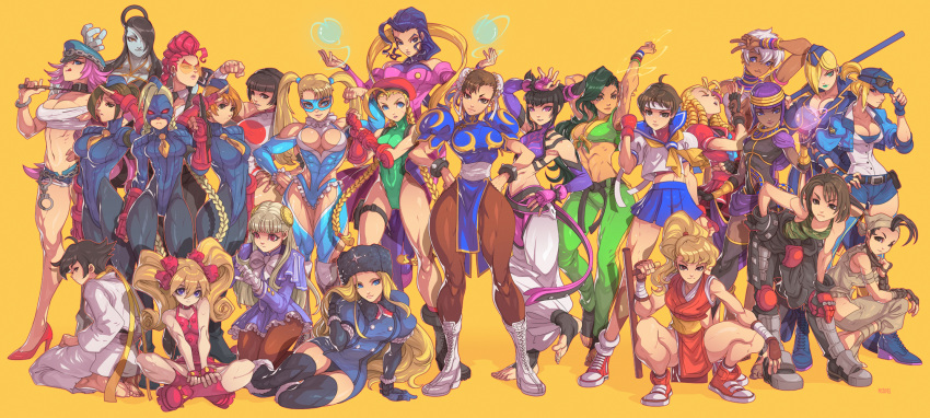 6+girls abs barefoot beret blue_leotard boots bracelet breasts cammy_white camouflage_shirt capcom_fighting_jam chaps chun-li circlet cleavage crimson_viper crop_top crystal_ball cuffs dark_skin decapre dougi dress edwin_huang effie elena_(street_fighter) energy_ball everyone eyewear_on_headwear falke_(street_fighter) final_fight fingerless_gloves fur_hat genryuusai_maki gloves glowing glowing_eyes hagoromo han_juri handcuffs hat hat_ring highleg highleg_leotard highres hip_vent ibuki_(street_fighter) ingrid jewelry juli juni justice_gakuen kanzuki_karin kasugano_sakura kazama_akira kolin laura_matsuda leotard looking_at_viewer lucia_morgan makoto_(street_fighter) mask menat metal_skin multiple_girls muscle muscular_female necktie pantyhose pelvic_curtain poison_(final_fight) pompadour rainbow_mika rose_(street_fighter) sailor_collar school_uniform seth_(street_fighter) shawl shoes sitting sneakers squatting staff street_fighter street_fighter_ii_(series) street_fighter_iii_(series) street_fighter_iv_(series) street_fighter_v street_fighter_zero_(series) sunglasses tank_top thick_thighs thighhighs thighs toeless_legwear toned tonfa twintails ushanka weapon wrestling_mask wrestling_outfit wrist_blades wristband yamato_nadeshiko_(street_fighter) yellow_background