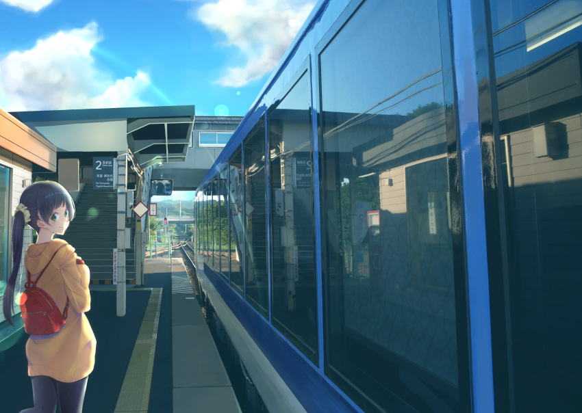 1girl absurdres backpack bag black_hair black_pants brown_jacket day flying_witch green_eyes haru_(we_are_wind) highres hood hood_down huge_filesize jacket kowata_makoto looking_at_viewer looking_back outdoors pants reflection scenery scrunchie solo stairs standing train_station
