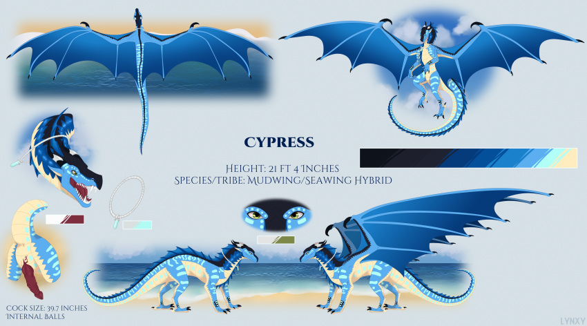 absurd_res claws cypress_(zavan) dragon english_text feral genitals hi_res hybrid jewelry male model_sheet mudwing_(wof) open_mouth owl_light penis scar seawing_(wof) solo text wings_of_fire