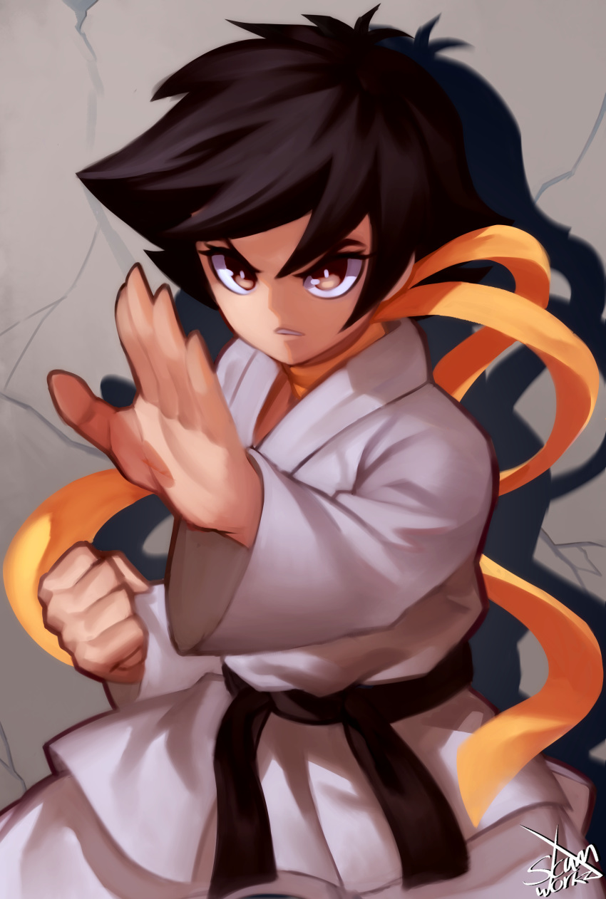 1girl absurdres belt black_belt black_hair brown_eyes choker clenched_hand dougi fighting_stance highres karate_gi makoto_(street_fighter) ribbon_choker scumworkz short_hair signature solo street_fighter street_fighter_iii_(series) tomboy yellow_choker