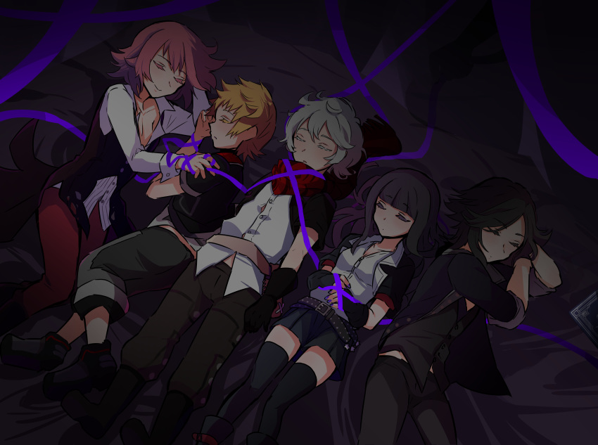 1girl 4boys absurdres bangs belt black_hair black_legwear blonde_hair blunt_bangs book boots brain_(kingdom_hearts) capri_pants commentary_request ephemer_(kingdom_hearts) eyelashes fingerless_gloves gloves highres jacket kingdom_hearts kingdom_hearts_x lauriam long_hair lying mayako_(pixiv59055065) midriff multiple_boys nail_polish on_back on_ground on_side open_clothes open_shirt pants pink_hair pleated_skirt ribbon scarf skirt skuld_(kingdom_hearts) sleeping smile thighhighs ventus white_hair zettai_ryouiki