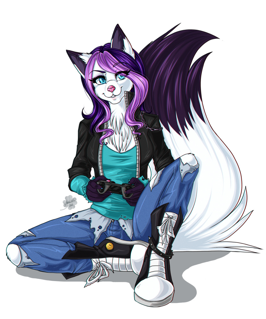 absurd_res alpha_channel anthro ariveil blue_eyes breasts canid canine canis claws clothed clothing controller damaged_clothing female fur game_controller hair hi_res holding_object mammal multicolored_body multicolored_fur multicolored_hair open_mouth open_smile pink_hair playstation playstation_3 playstation_controller purple_body purple_fur purple_hair sitting smile solo sony_corporation sony_interactive_entertainment teeth two_tone_body two_tone_fur two_tone_hair video_games white_body white_fur wolf