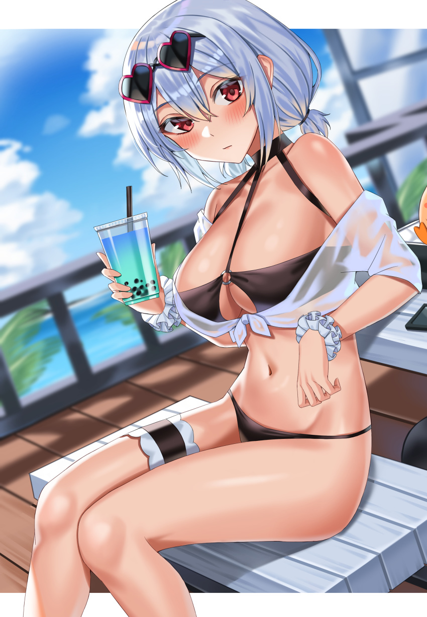 1girl absurdres azur_lane bangs bikini black_bikini blush breasts bubble_tea closed_mouth cloud collarbone cup disposable_cup drinking_straw eyewear_on_head hair_between_eyes heart heart-shaped_eyewear highres holding holding_cup iced_tea large_breasts looking_at_viewer navel o-ring o-ring_top outdoors red_eyes scrunchie sheer_clothes shocho short_hair short_twintails silver_hair sirius_(azur_lane) sirius_(midsummer_seirios)_(azur_lane) sitting sky solo sunglasses swimsuit thigh_strap twintails white_scrunchie wrist_scrunchie