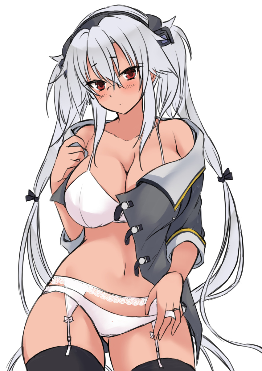 0yukiya0 1girl ass_visible_through_thighs black_legwear blush bra breasts cleavage collarbone dark_skin garter_straps graphite_(medium) grey_jacket headgear highres jacket jewelry kantai_collection large_breasts long_hair looking_at_viewer millipen_(medium) musashi_(kantai_collection) off_shoulder panties partially_undressed red_eyes remodel_(kantai_collection) ring silver_hair simple_background solo thighhighs traditional_media underwear upper_body very_long_hair wedding_band white_background white_bra white_panties