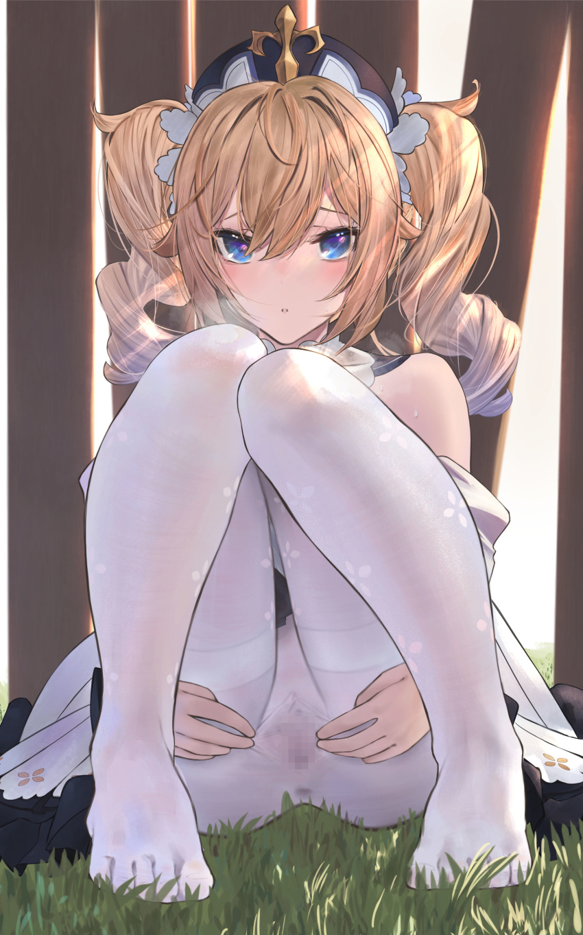 1girl absurdres bangs barbara_(genshin_impact) bare_shoulders betabeet blonde_hair blue_eyes blush censored detached_sleeves dress drill_hair genshin_impact hair_between_eyes hair_ornament highres long_hair long_sleeves looking_at_viewer mosaic_censoring no_panties no_shoes pantyhose pussy ringlets sitting solo spread_pussy spread_pussy_under_clothes thighband_pantyhose twin_drills twintails white_dress white_headwear white_legwear