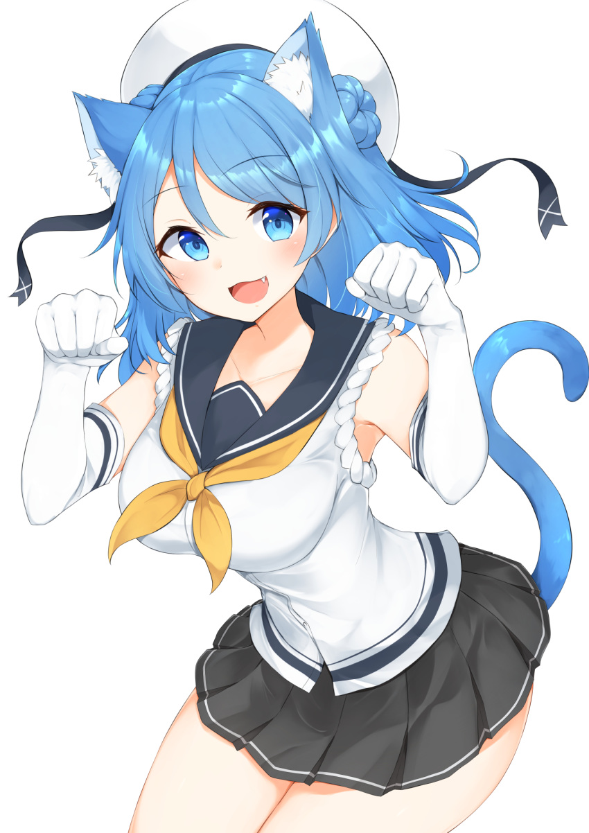 1girl animal_ears black_skirt blue_eyes blue_hair blush breasts cat_ears cat_girl cat_tail double_bun elbow_gloves extra_ears eyebrows_visible_through_hair fang gloves hair_between_eyes hat highres kantai_collection kemonomimi_mode large_breasts looking_at_viewer neckerchief open_mouth paw_pose pleated_skirt sailor_hat sakikumo_(sakumo) school_uniform serafuku shirt simple_background skirt sleeves_rolled_up solo tail urakaze_(kantai_collection) white_background white_gloves white_headwear white_shirt yellow_neckwear