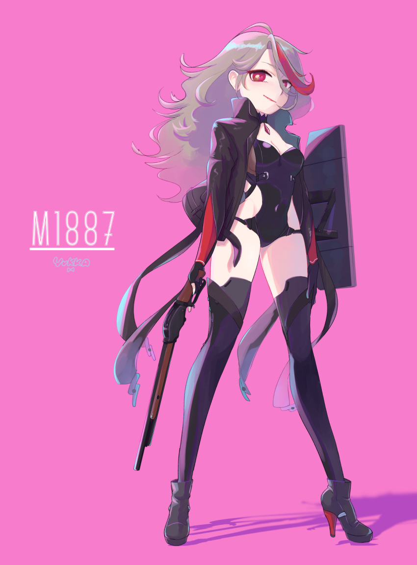1girl ameri_(cham) ankle_boots armor black_gloves boots breasts cleavage cleavage_cutout clothing_cutout full_body girls_frontline gloves gun hair_between_eyes high_heel_boots high_heels highres jacket jewelry lever_action light_brown_hair long_hair long_legs looking_at_viewer m1887_(girls_frontline) medium_breasts multicolored_hair open_clothes open_jacket red_eyes red_hair shotgun solo streaked_hair thighhighs trigger_discipline turtleneck wavy_hair weapon
