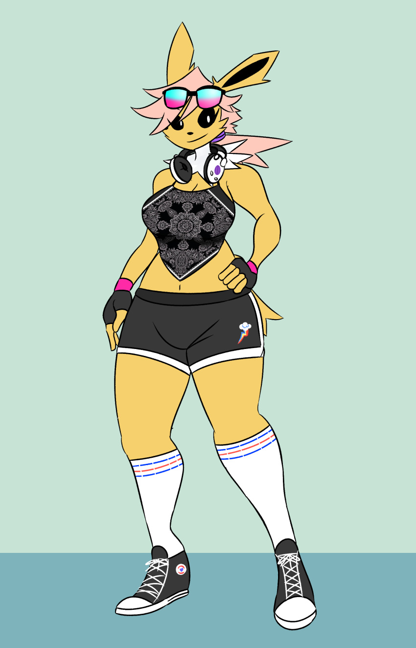 9:14 absurd_res anthro bottomwear clothing converse_shoes cutie_mark eeveelution female friendship_is_magic gloves hair halter_top hambor12 handwear hasbro headphones headphones_around_neck hi_res hotpants jolteon knee_high_socks my_little_pony nintendo pink_hair pok&eacute;mon pok&eacute;mon_(species) rainbow_dash_(mlp) shorts solo two_tone_sunglasses video_games