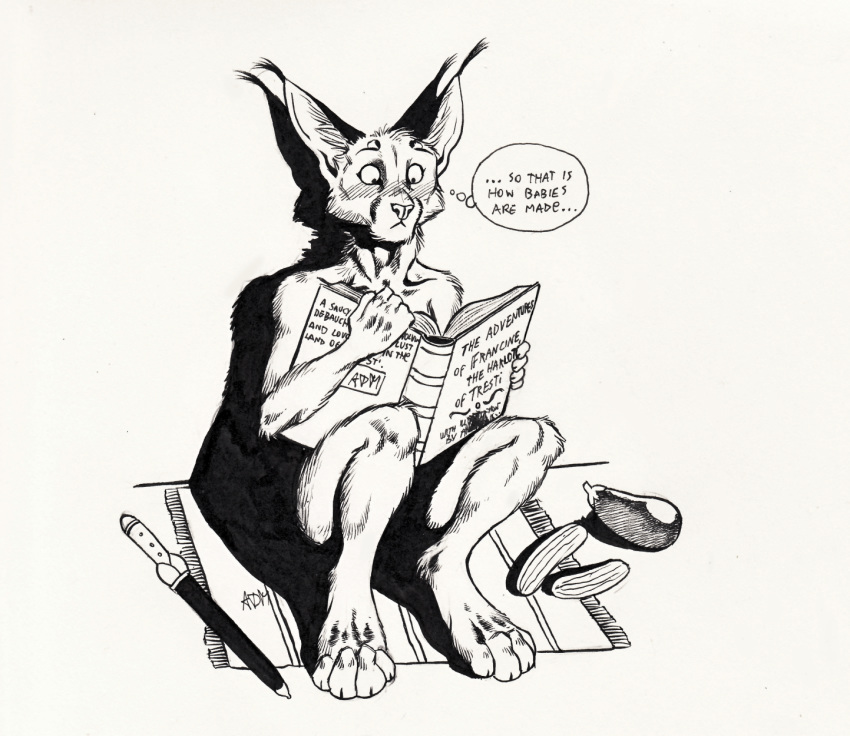 0laffson 2020 4_toes 5_fingers anthro bollock_dagger book caracal caracal_(genus) english_text felid feline fingers hi_res holding_book holding_object male mammal solo text toes traditional_media_(artwork)