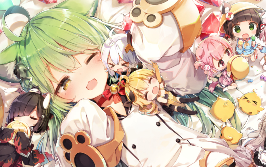 akashi_(azur_lane) animal_ears anthropomorphism azur_lane belfast_(azur_lane) black_hair blonde_hair blush bunny_ears candy cat_smile catgirl chibi gloves green_eyes green_hair group hat japanese_clothes kimono kisaragi_(azur_lane) long_hair maid manjuu_(azur_lane) mutsu_(azur_lane) orange_eyes pink_eyes pink_hair prototype_bulin_mkii_(azur_lane) ribbons school_uniform shinoba shiranui_(azur_lane) short_hair sleeping stockings tail twintails universal_bullin uzuki_(azur_lane) waifu2x white_hair