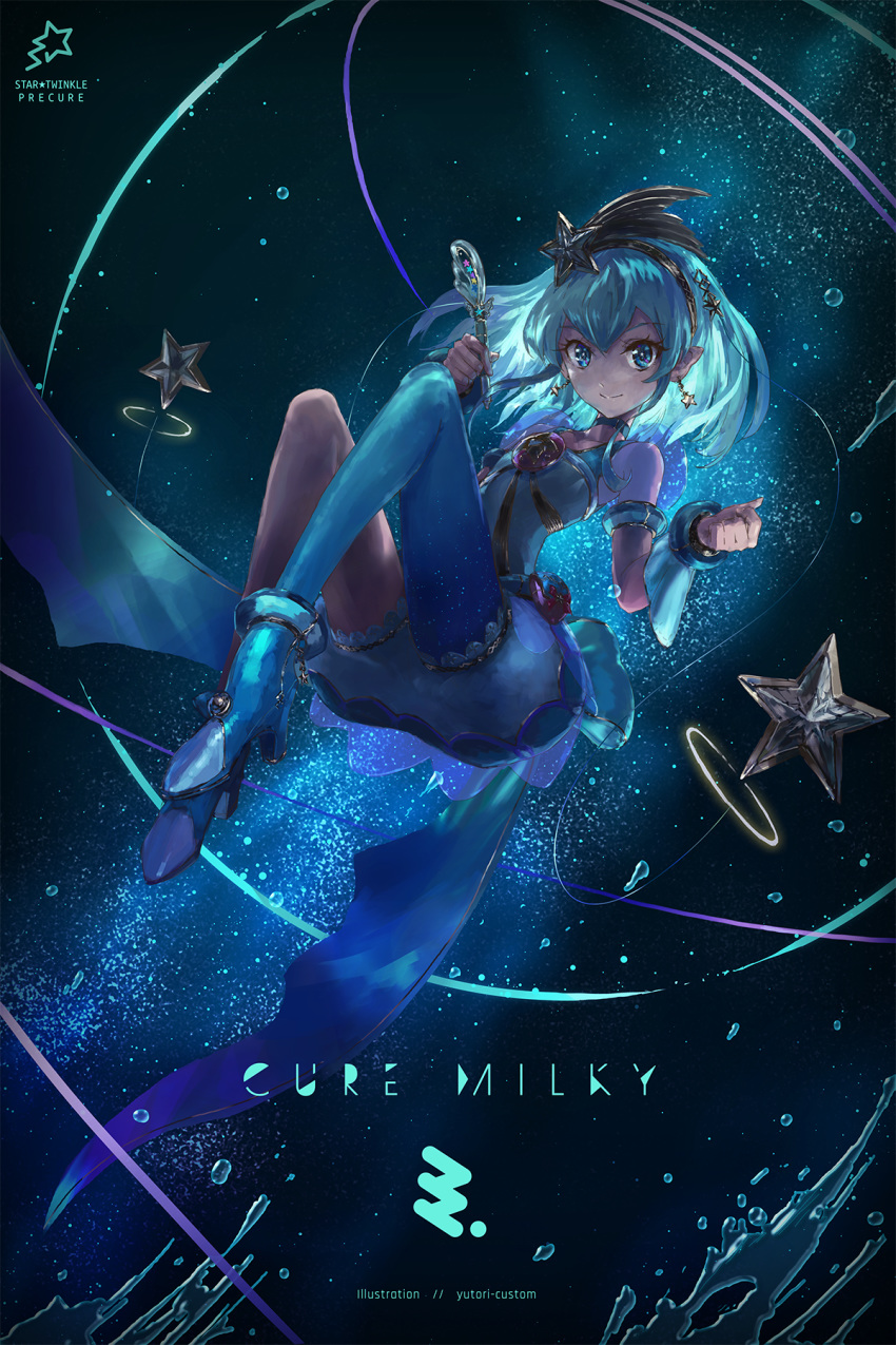 1girl blue_eyes blue_hair character_name cure_milky fetal_position floating hagoromo_lala highres holding holding_pen looking_at_viewer magical_girl medium_hair pen precure solo star_twinkle_precure yutori_(clockwork_chicken)