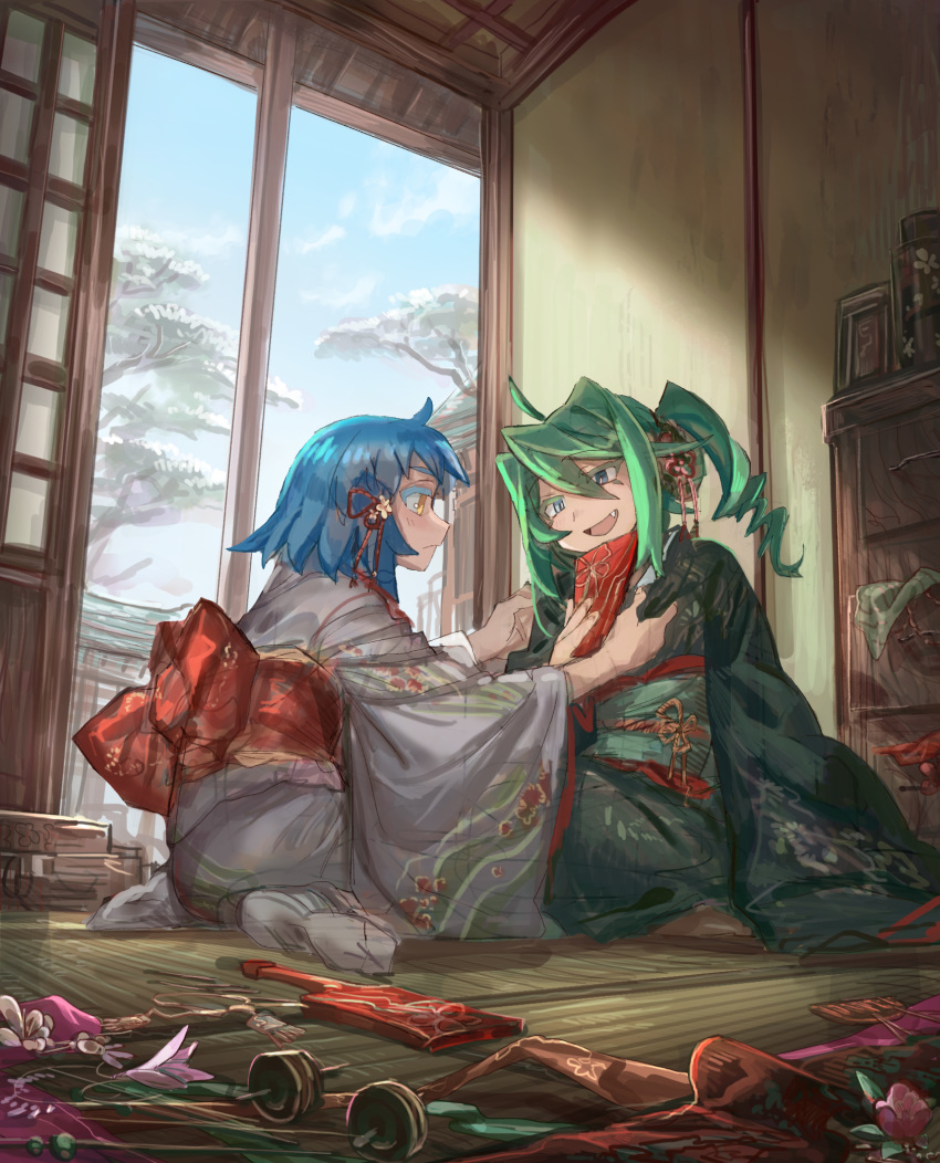 2girls :d adjusting_another's_clothes akari_(shichigatsu) blue_hair blue_sky closed_mouth fang flower green_kimono green_sash grey_kimono hagoita highres indoors japanese_clothes kimono multiple_girls obi one_side_up open_door open_mouth original paddle pink_flower red_sash sash shichigatsu sitting sky smile socks sou_(shichigatsu) wariza white_legwear yellow_eyes