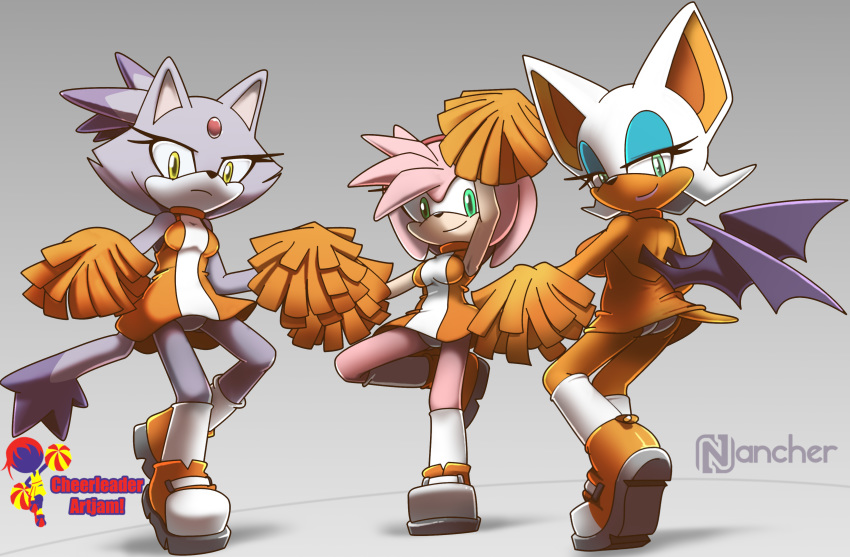 absurd_res amy_rose anthro blaze_the_cat cheerleader chiropteran domestic_cat english_text eulipotyphlan felid feline felis female forehead_gem gradient_background group hedgehog hi_res looking_at_viewer low-angle_view mammal nancher panty_peek pom_poms rouge_the_bat simple_background sonic_the_hedgehog_(series) text wings