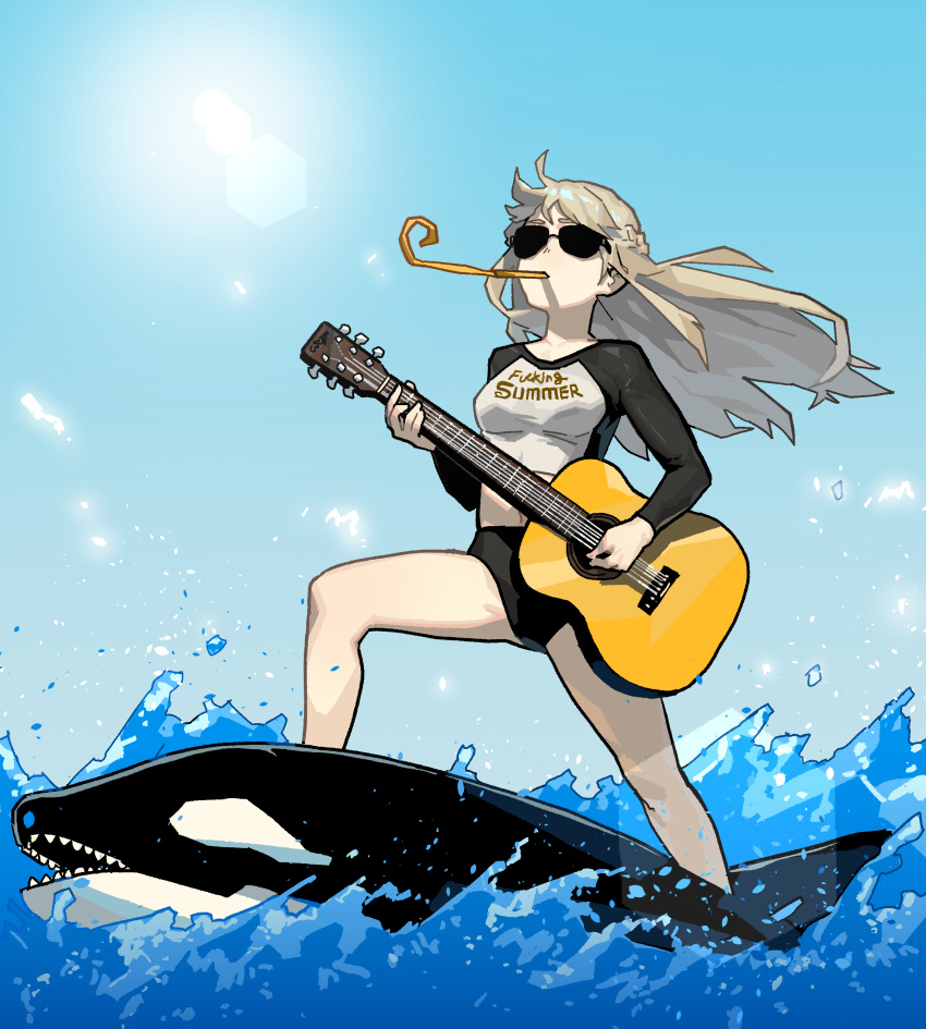 1girl absurdres acoustic_guitar bikini bikini_bottom black_bikini blonde_hair blue_sky braid clothes_writing commentary day english_commentary english_text floating_hair french_braid gogalking guitar highres holding holding_instrument instrument junior_(gogalking) lens_flare long_hair long_sleeves mouth_hold music ocean on_animal orca original outdoors party_horn playing_instrument profanity shirt sky solo standing sunglasses swimsuit water