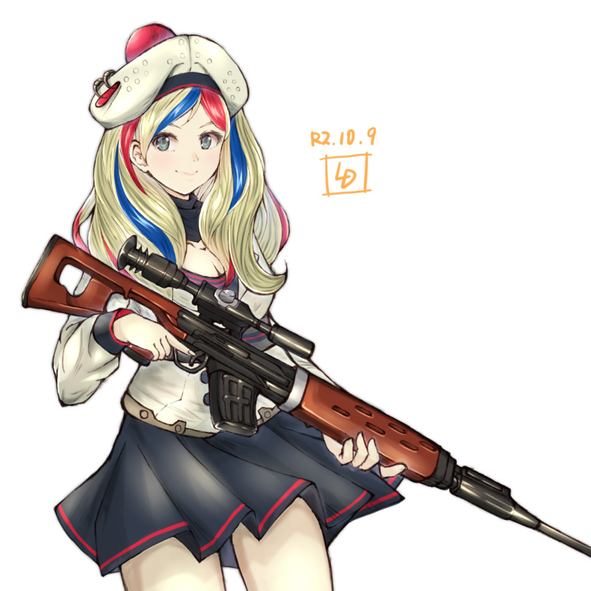 1girl aqua_eyes bangs belt beret blonde_hair blue_hair commandant_teste_(kantai_collection) cowboy_shot dated double-breasted dress gun hat highres holding holding_weapon initial jacket kantai_collection ld long_hair multicolored_hair pom_pom_(clothes) red_hair rifle scarf streaked_hair swept_bangs wavy_hair weapon white_background