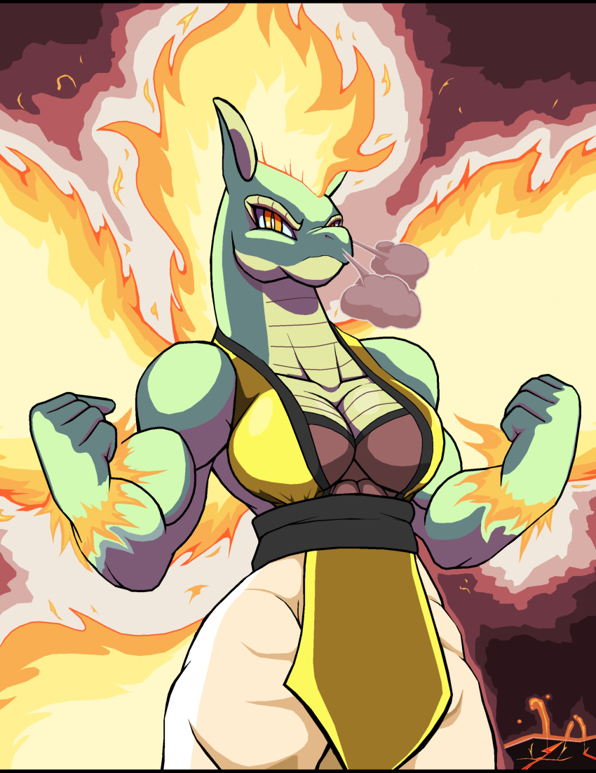 absurd_res anthro breasts cleavage clothed clothing dragon droll3 female fire flaming_hair flaming_mane flaming_tail flaming_wings hi_res longma non-mammal_breasts pseudo_hair pseudo_mane reptile scalie smoke_from_nose solo them's_fightin'_herds tianhuo_(tfh) wings