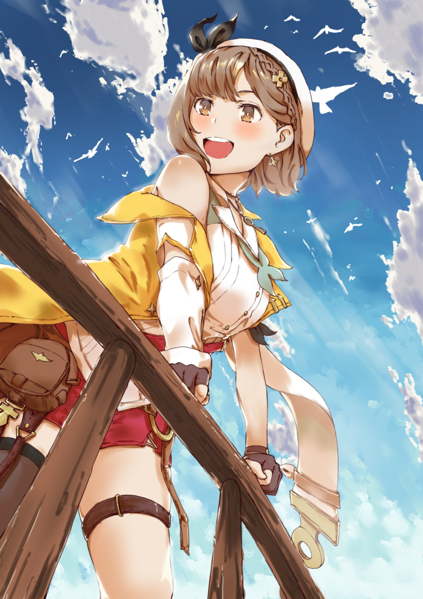 1girl atelier_(series) atelier_ryza atelier_ryza_2 bangs belt blue_sky blush braid breasts brown_eyes brown_gloves brown_hair brown_legwear cleavage cloud clover_hair_ornament day earrings eyebrows_visible_through_hair gloves hair_between_eyes hair_ornament hat highres jewelry key_necklace konnyaku_(kk-monmon) large_breasts leaning_on_rail leather_belt necklace open_mouth outdoors pouch red_shorts reisalin_stout shirt shorts single_thighhigh skindentation sky sleeveless sleeveless_shirt solo standing thigh_strap thighhighs underwear white_headwear white_shirt wooden_railing