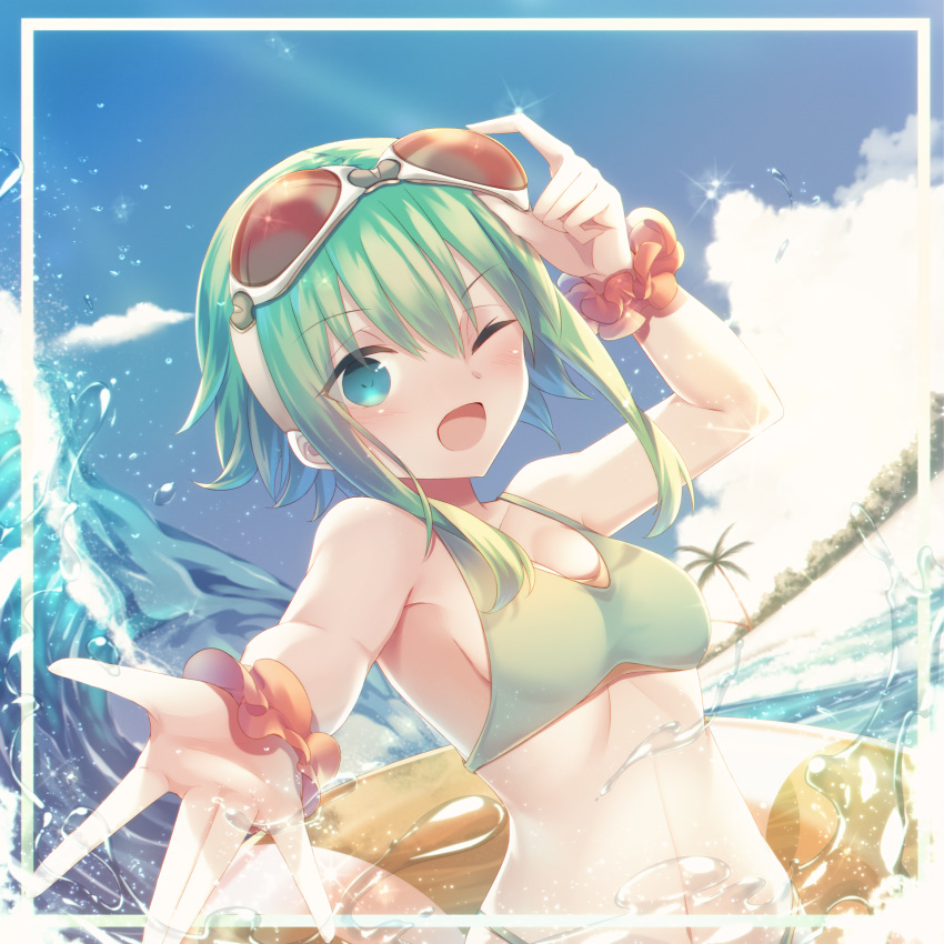 1girl bangs beach bikini blue_eyes blush day eyebrows_visible_through_hair goggles goggles_on_head green_bikini green_hair gumi hair_between_eyes highres looking_at_viewer ocean one_eye_closed open_mouth outdoors red-tinted_eyewear sakakidani short_hair short_hair_with_long_locks solo summer swimsuit tinted_eyewear vocaloid wrist_cuffs