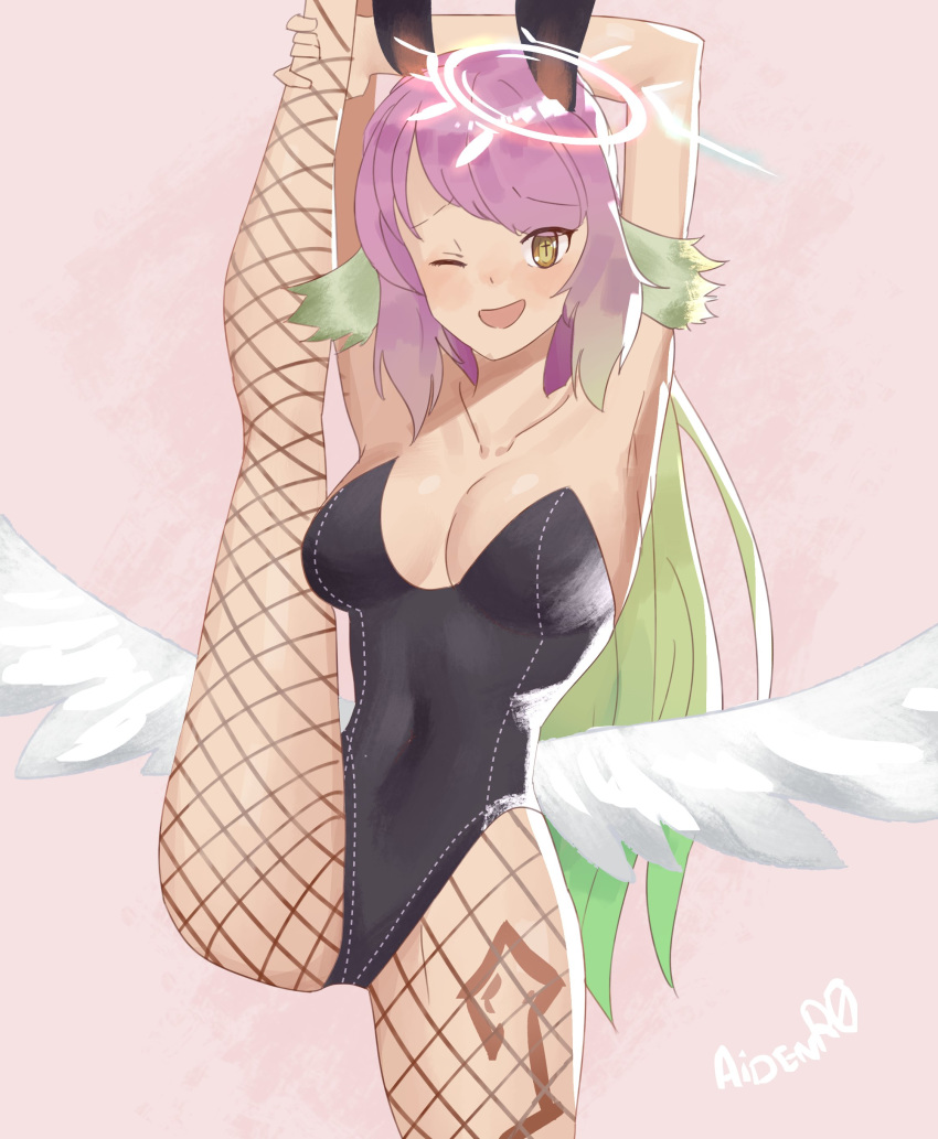 1girl absurdres aidenr0 angel_wings animal_ears armpits arms_behind_head artist_name black_leotard breasts bunny_ears covered_navel cross fake_animal_ears feathered_wings fishnet_legwear fishnets gradient_hair halo highres jibril_(no_game_no_life) large_breasts leg_up leotard long_hair looking_at_viewer low_wings magic_circle multicolored_hair no_game_no_life one_eye_closed open_mouth pink_background pink_hair playboy_bunny smile solo split standing standing_on_one_leg standing_split strapless symbol-shaped_pupils tattoo very_long_hair white_wings wing_ears wings yellow_eyes