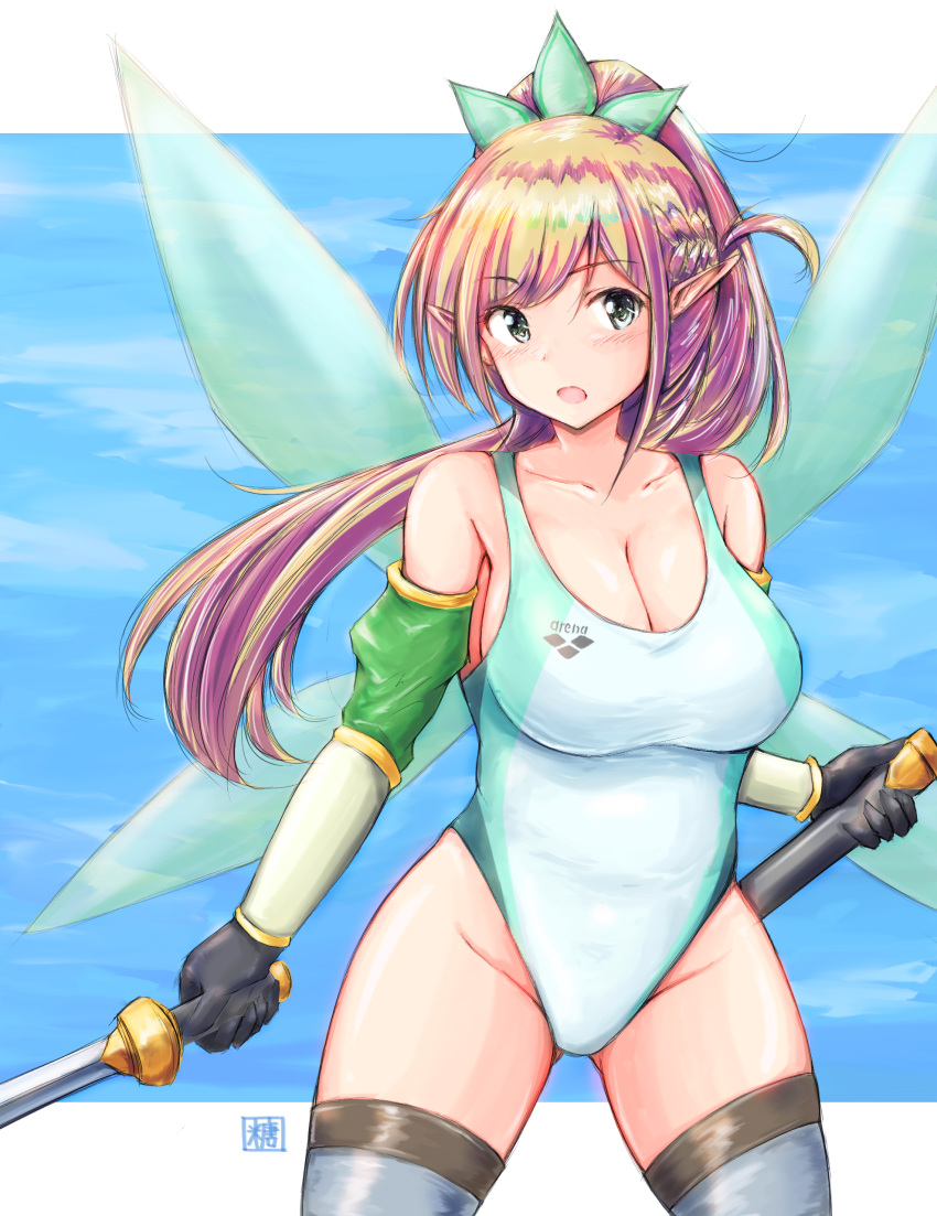 1girl absurdres ass_visible_through_thighs bangs bare_shoulders black_gloves black_legwear blush braid breasts cleavage collarbone commentary_request competition_swimsuit cosplay cowboy_shot elf fairy_wings gloves green_legwear groin high_ponytail highleg highres holding holding_sheath holding_sword holding_weapon kanojo_okarishimasu large_breasts leafa leafa_(cosplay) light_brown_hair long_hair looking_at_viewer mizuhara_chizuru one-piece_swimsuit open_mouth pointy_ears ponytail sheath solo swimsuit sword sword_art_online thighhighs thighs tong_shui twin_braids unsheathed weapon white_swimsuit wings